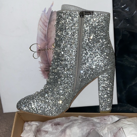 Jessica Simpson Silver Starlite chunky heel glitter booties size 10 NIB - Picture 2 of 10